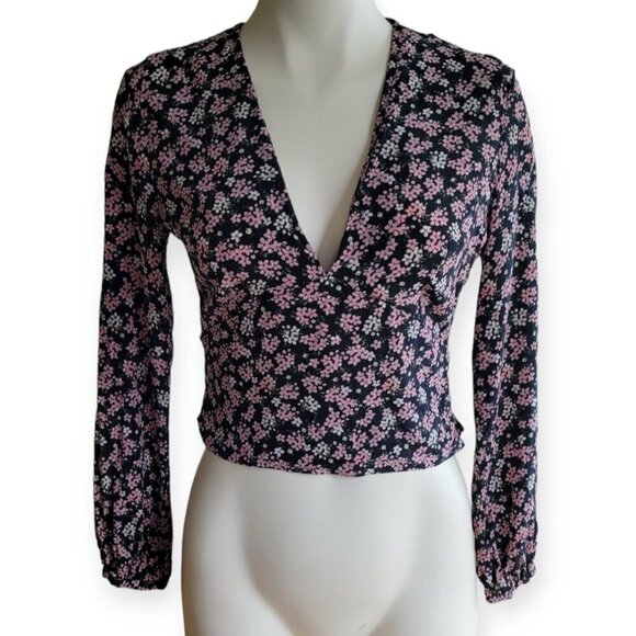 INTERMIX 100% Silk Floral Blouse Black V-Neck P/S - Picture 6 of 14